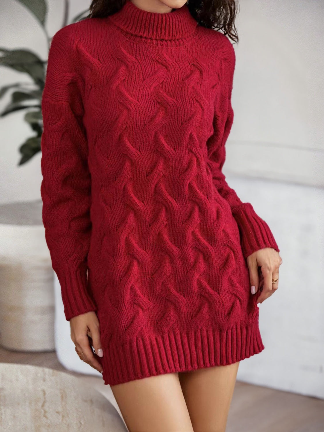 Cable-Knit Turtleneck Sweater Dress - The Boutie Shop