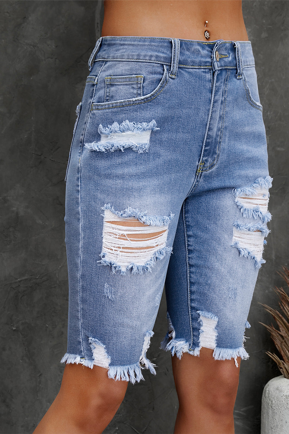 Distressed Frayed Hem Denim Bermuda Shorts - The Boutie Shop