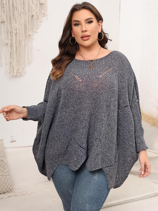 Plus Size Round Neck Batwing Sleeve Sweater - The Boutie Shop