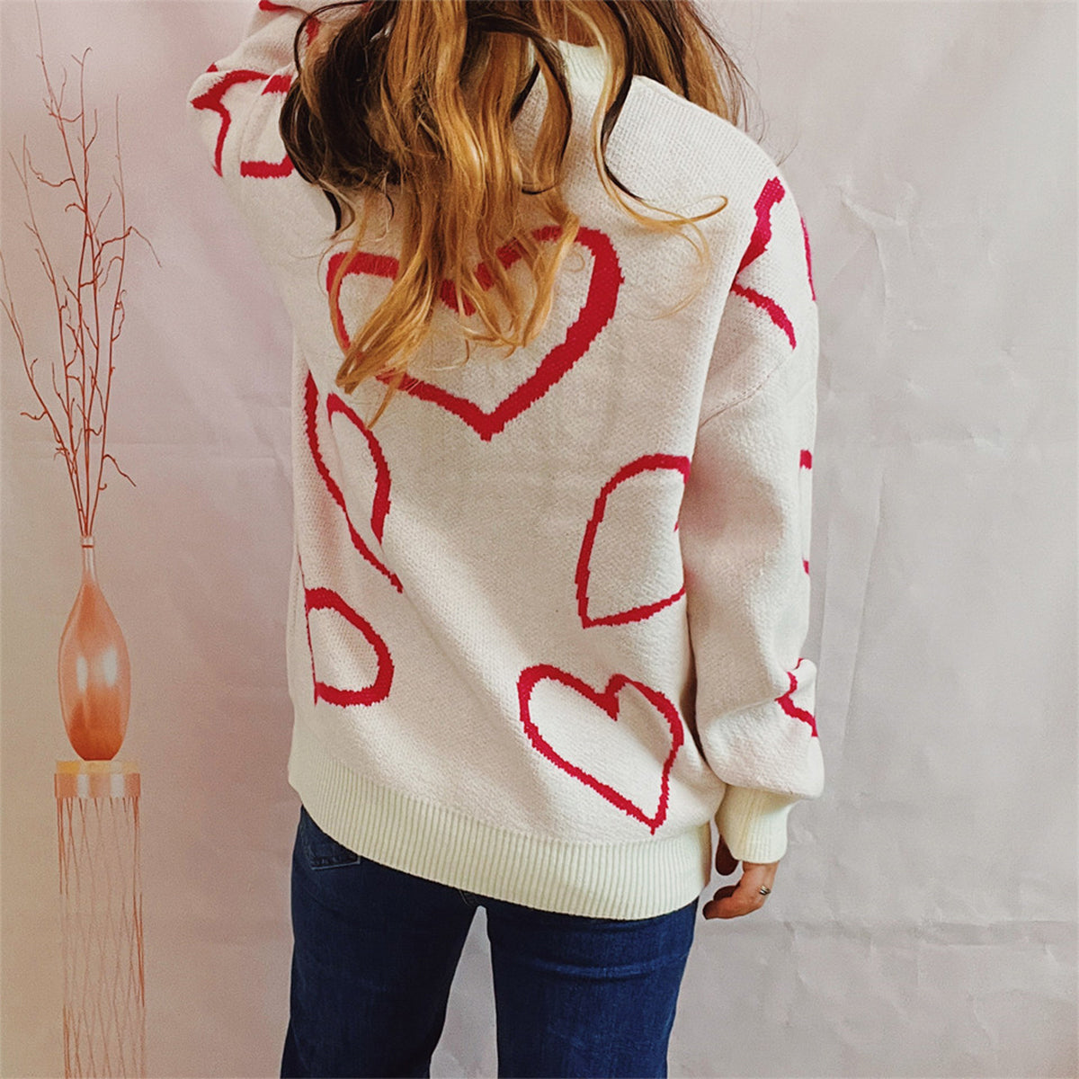 Heart Pattern Long Sleeve Sweater - The Boutie Shop