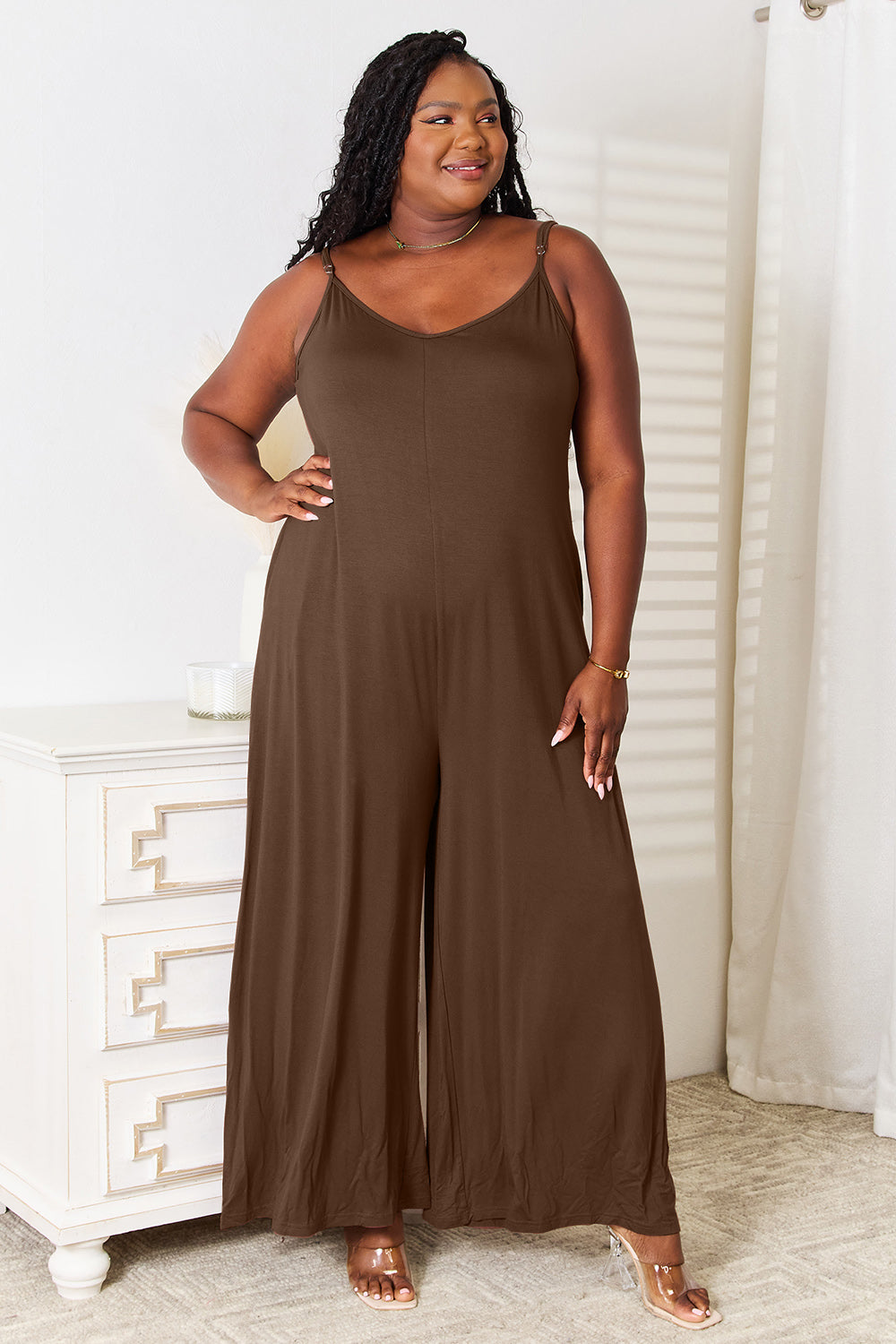 Double Take Full Size Soft Rayon Spaghetti Strap Tied Wide Leg Jumpsuit - The Boutie Shop