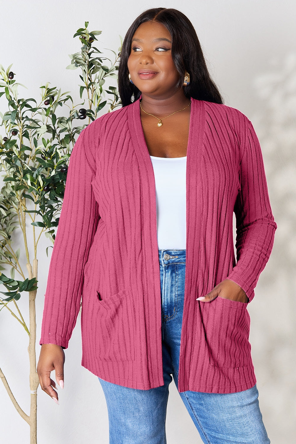 Basic Bae Full Size Ribbed Open Front Cardigan with Pockets - The Boutie Shop