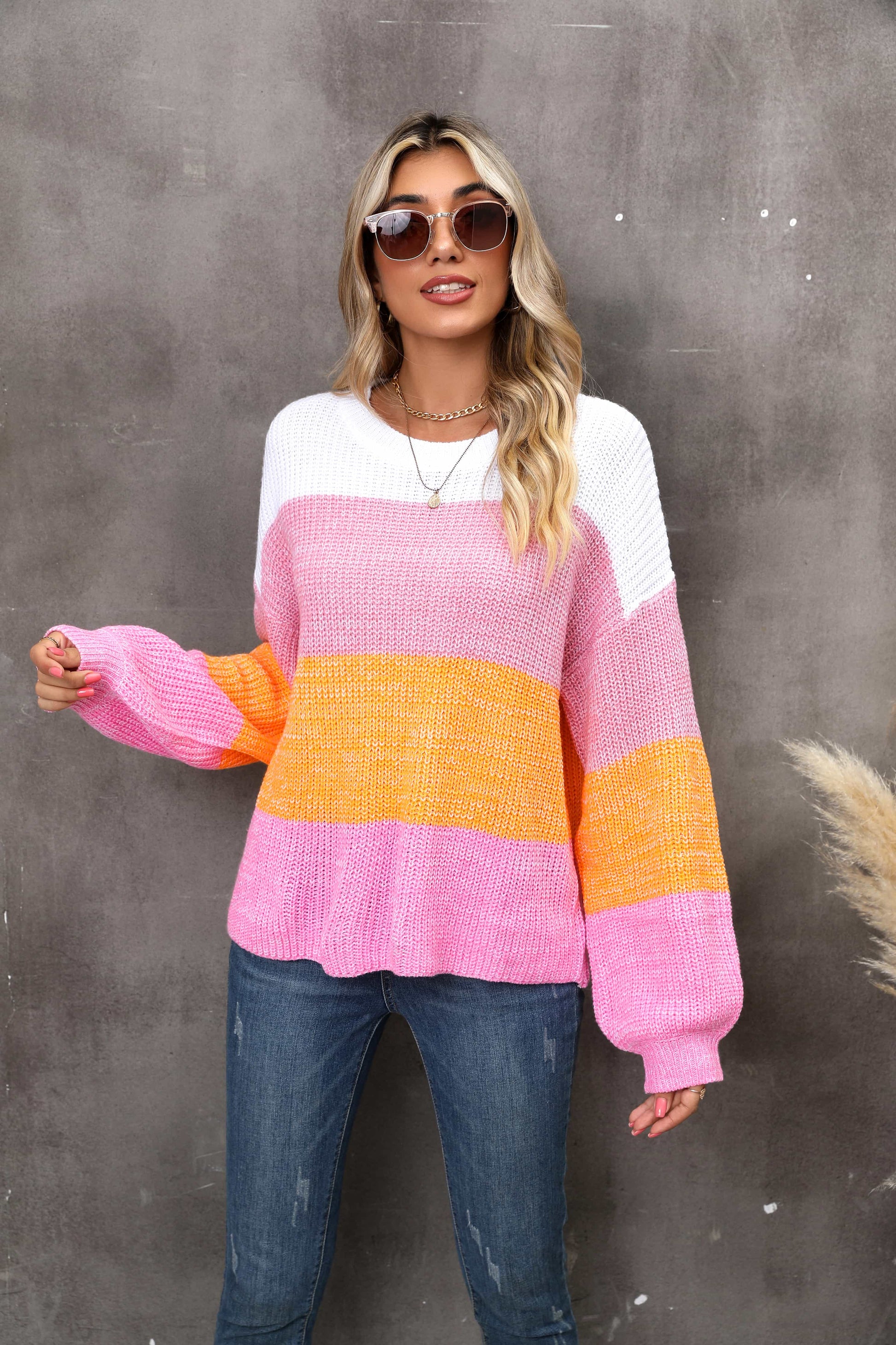 Angel Wings Color Block Round Neck Dropped Shoulder Sweater - The Boutie Shop