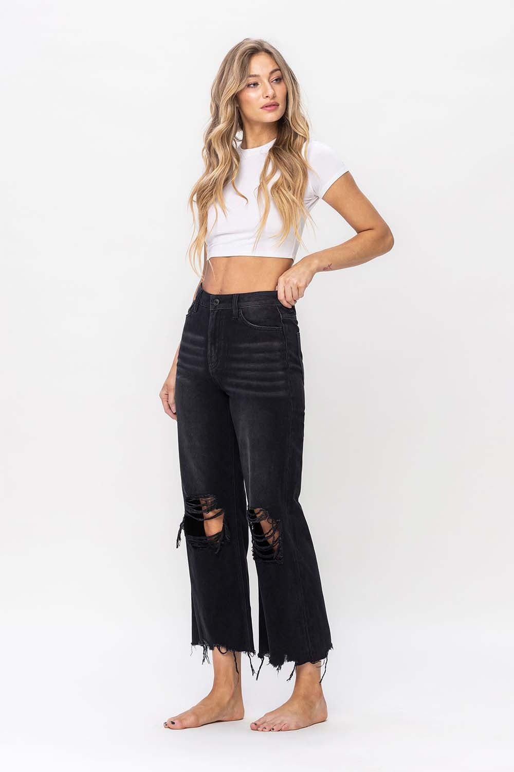 Vervet by Flying Monkey Vintage Ultra High Waist Distressed Crop Flare Jeans - The Boutie Shop