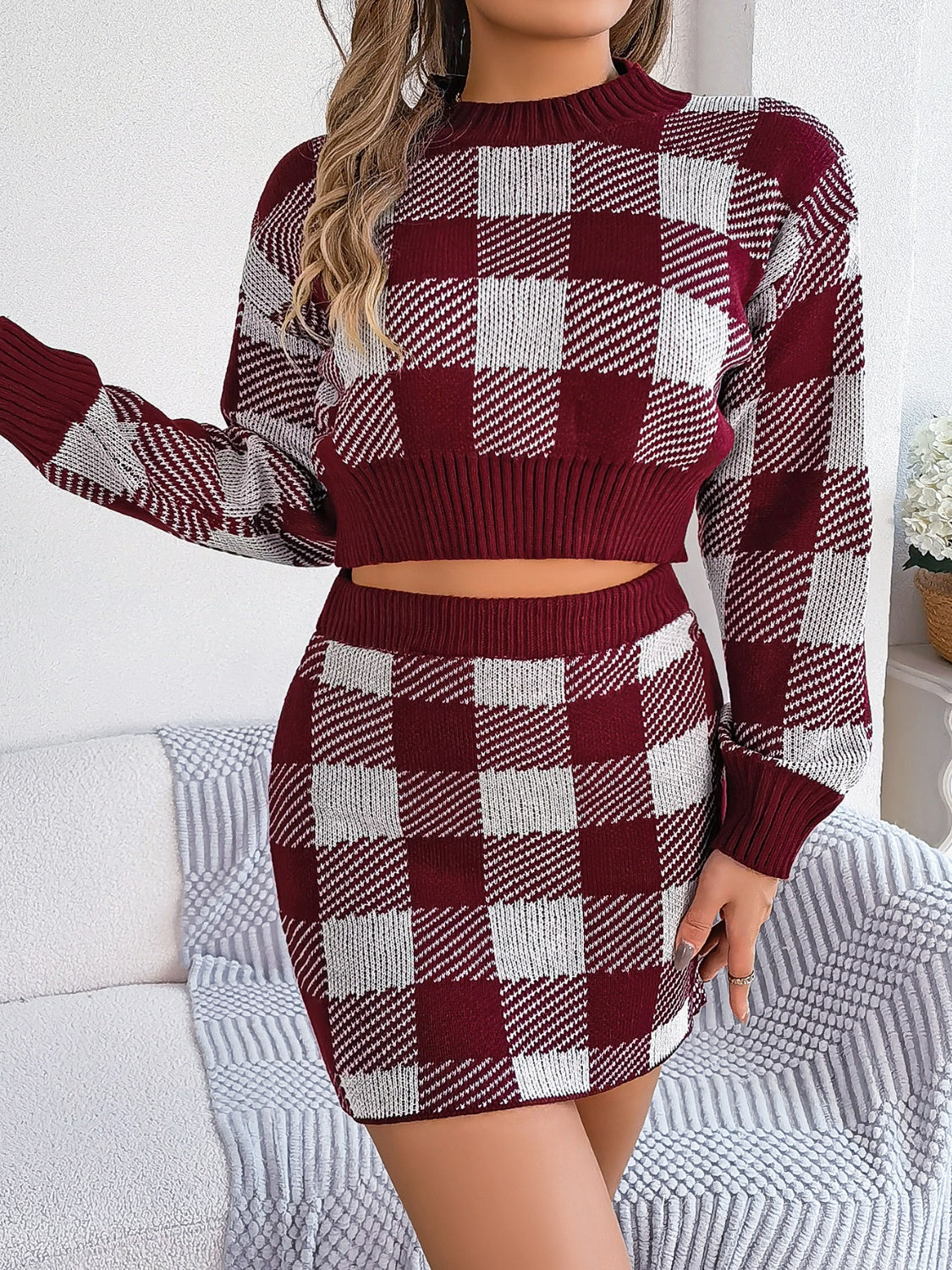 Plaid Round Neck Top and Skirt Sweater Set - The Boutie Shop