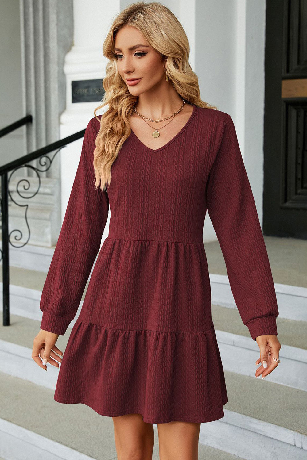 V-Neck Long Sleeve Mini Dress - The Boutie Shop