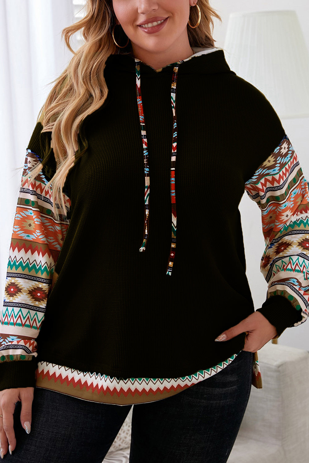 Plus Size Waffle-Knit Geometric Dropped Shoulder Hoodie - The Boutie Shop