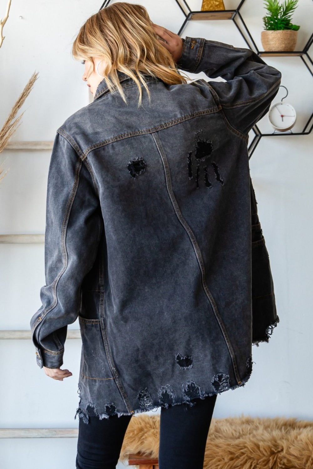 Veveret Button Up Distressed Frayed Hem Denim Jacket - The Boutie Shop