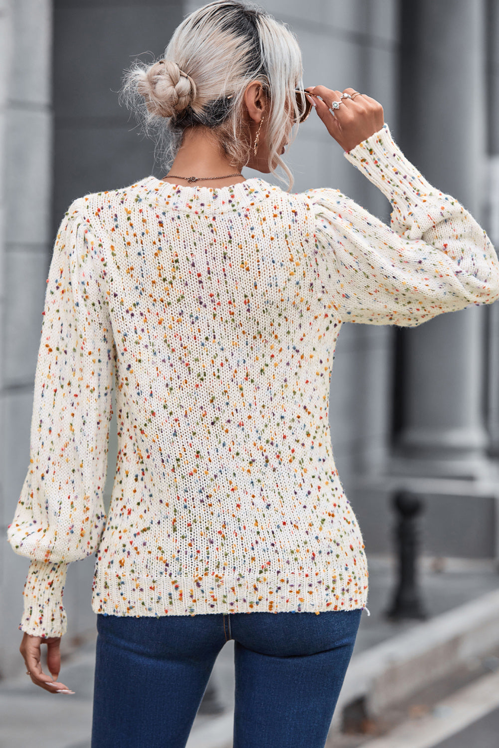 Heathered Round Neck Lantern Sleeve Sweater - The Boutie Shop