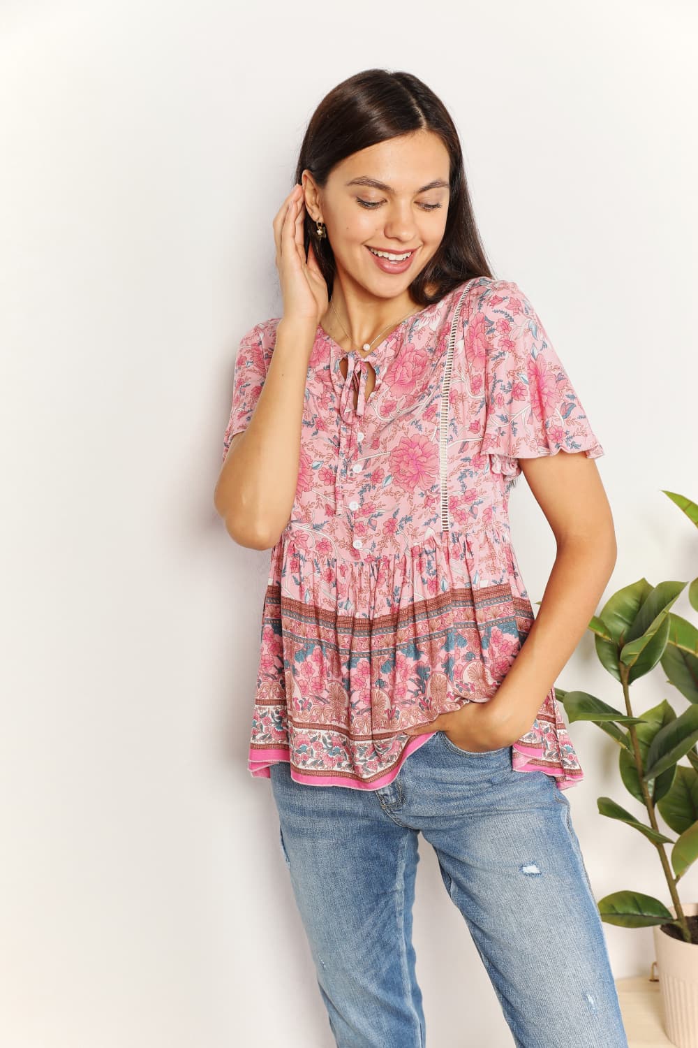 Perfee Bohemian Decorative Button Tie-Neck Peplum Blouse - The Boutie Shop