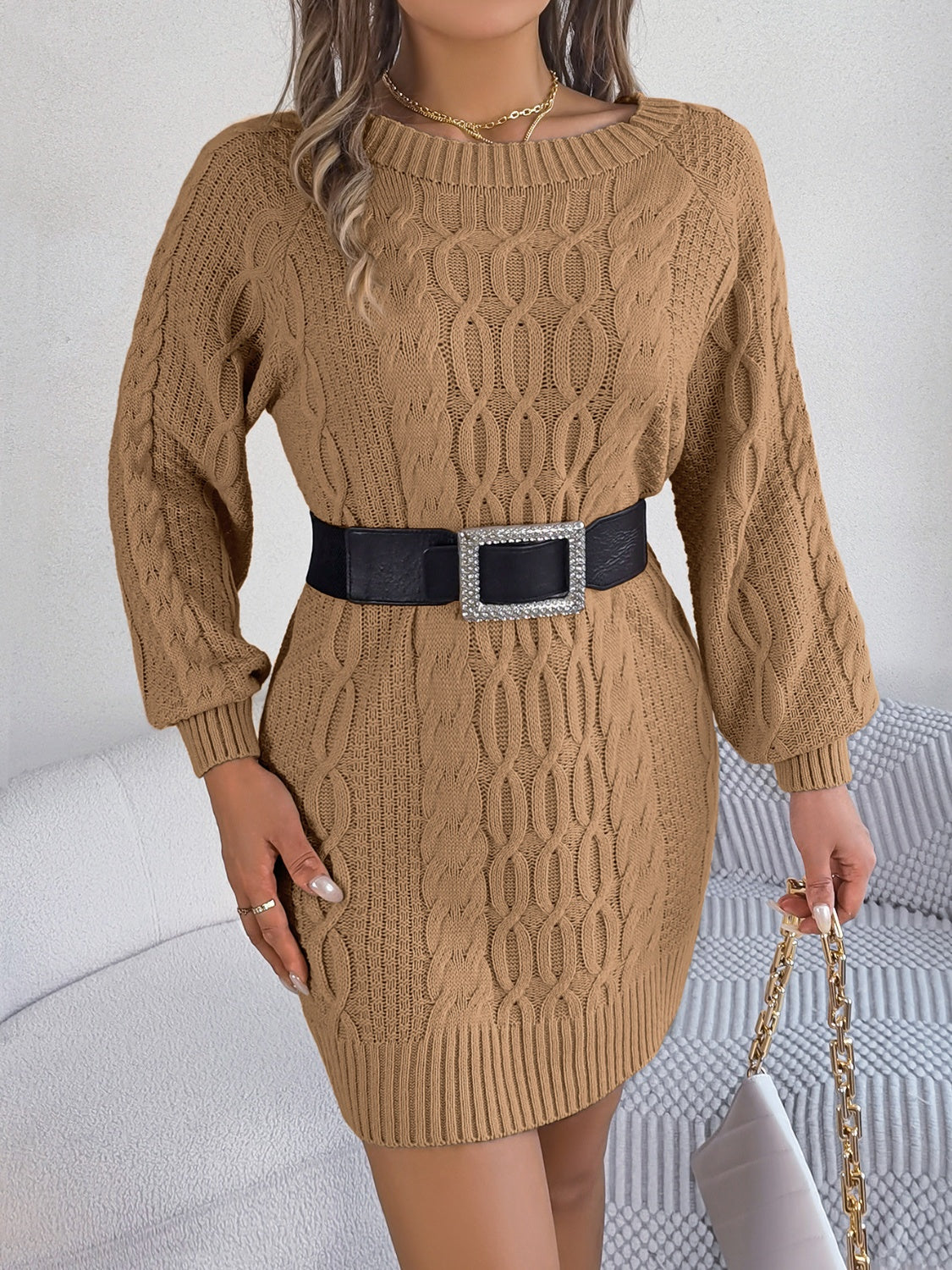 Cable-Knit Round Neck Sweater Dress - The Boutie Shop