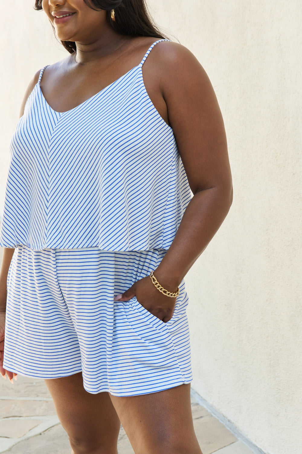 Culture Code Let It Happen Full Size Double Flare Striped Romper in Cobalt Blue - The Boutie Shop