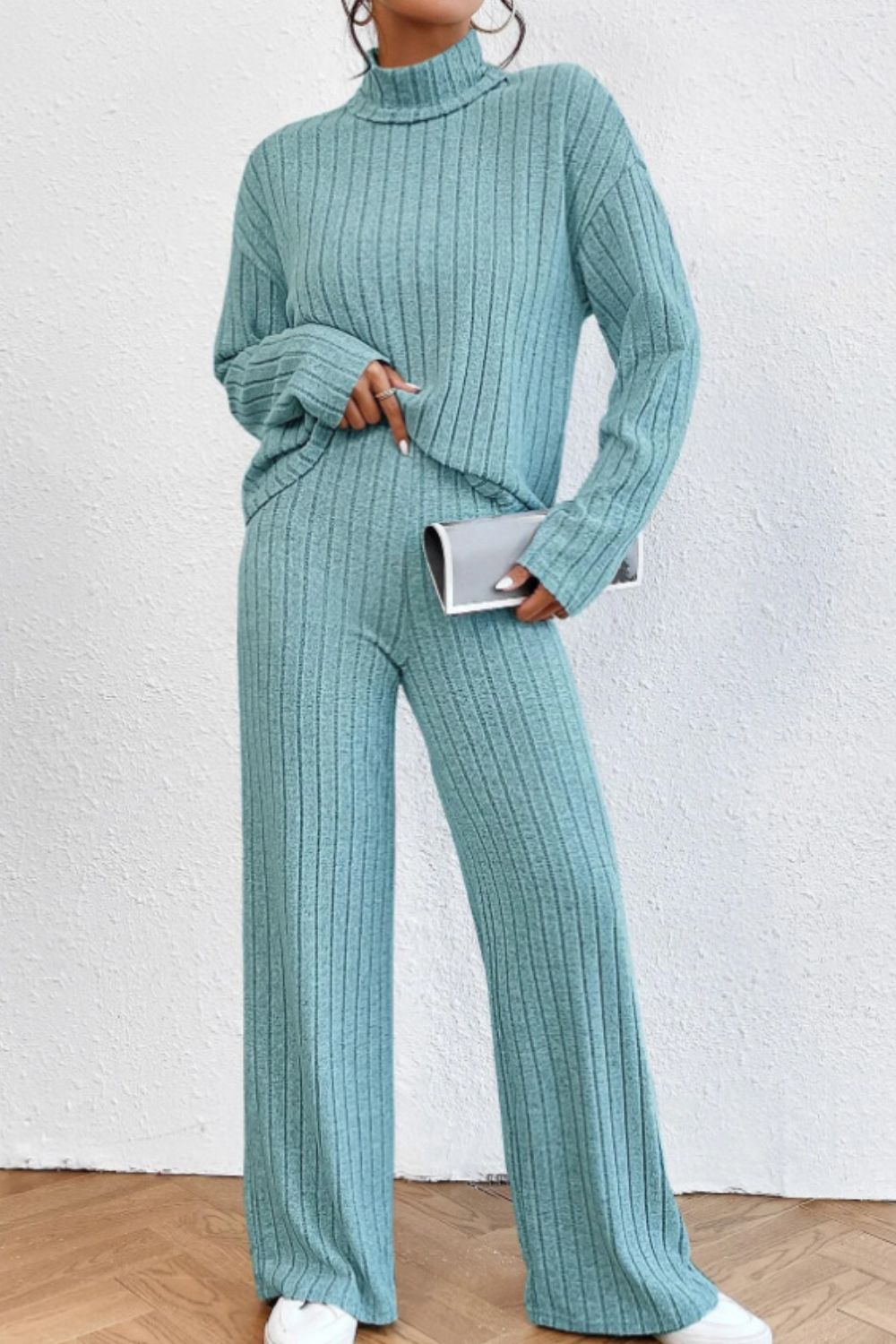 Mock Neck Dropped Shoulder Top and Pants Set - The Boutie Shop