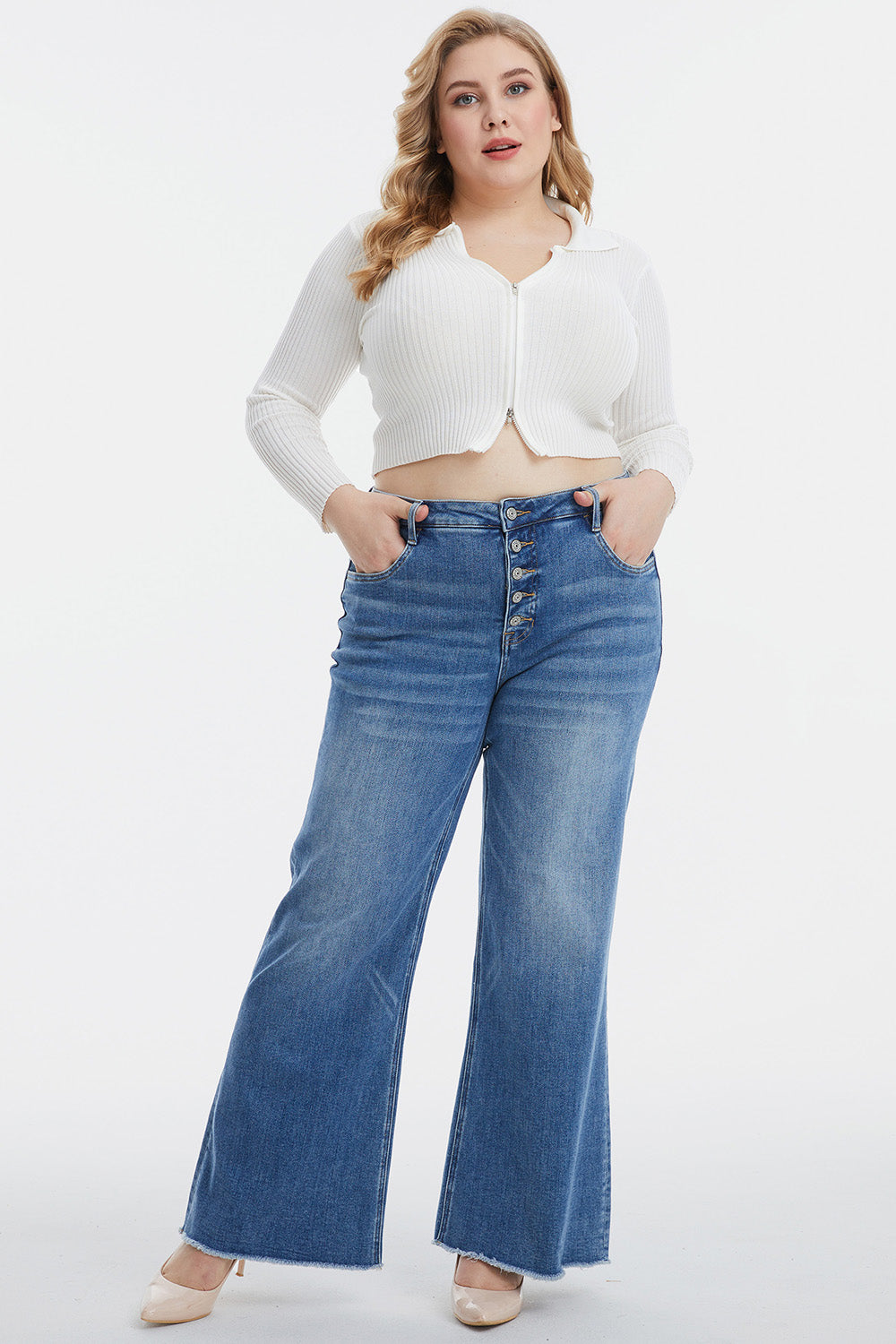 BAYEAS Full Size High Waist Button-Fly Raw Hem Wide Leg Jeans - The Boutie Shop