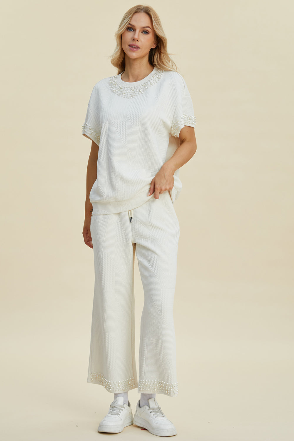 Double Take Full Size Pearl Detail Round Neck Top and Pants Set - The Boutie Shop