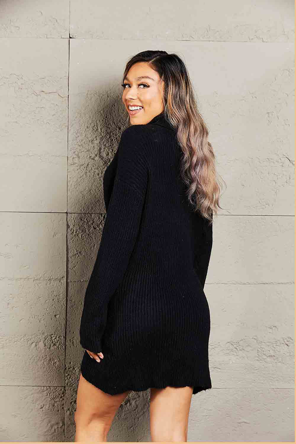 Rib-Knit Turtleneck Drop Shoulder Sweater Dress - The Boutie Shop