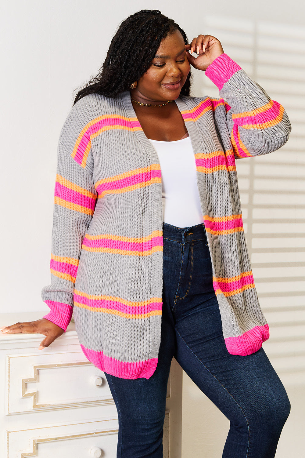 Woven Right Ribbed Long Sleeve Cardigan - The Boutie Shop