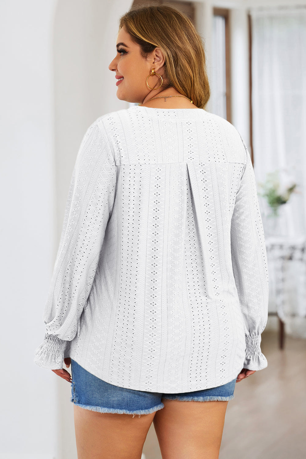 Plus Size Eyelet Notched Flounce Sleeve Blouse - The Boutie Shop