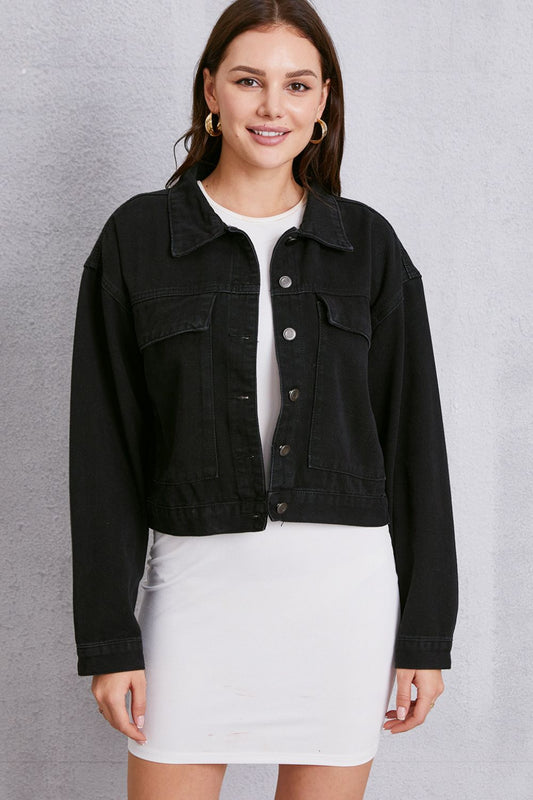 Button Up Dropped Shoulder Denim Jacket - The Boutie Shop