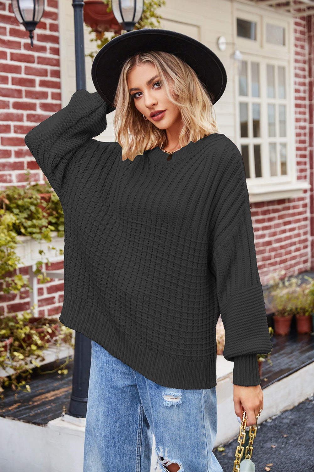 Ribbed Drop Shoulder Lantern Sleeve Sweater - The Boutie Shop