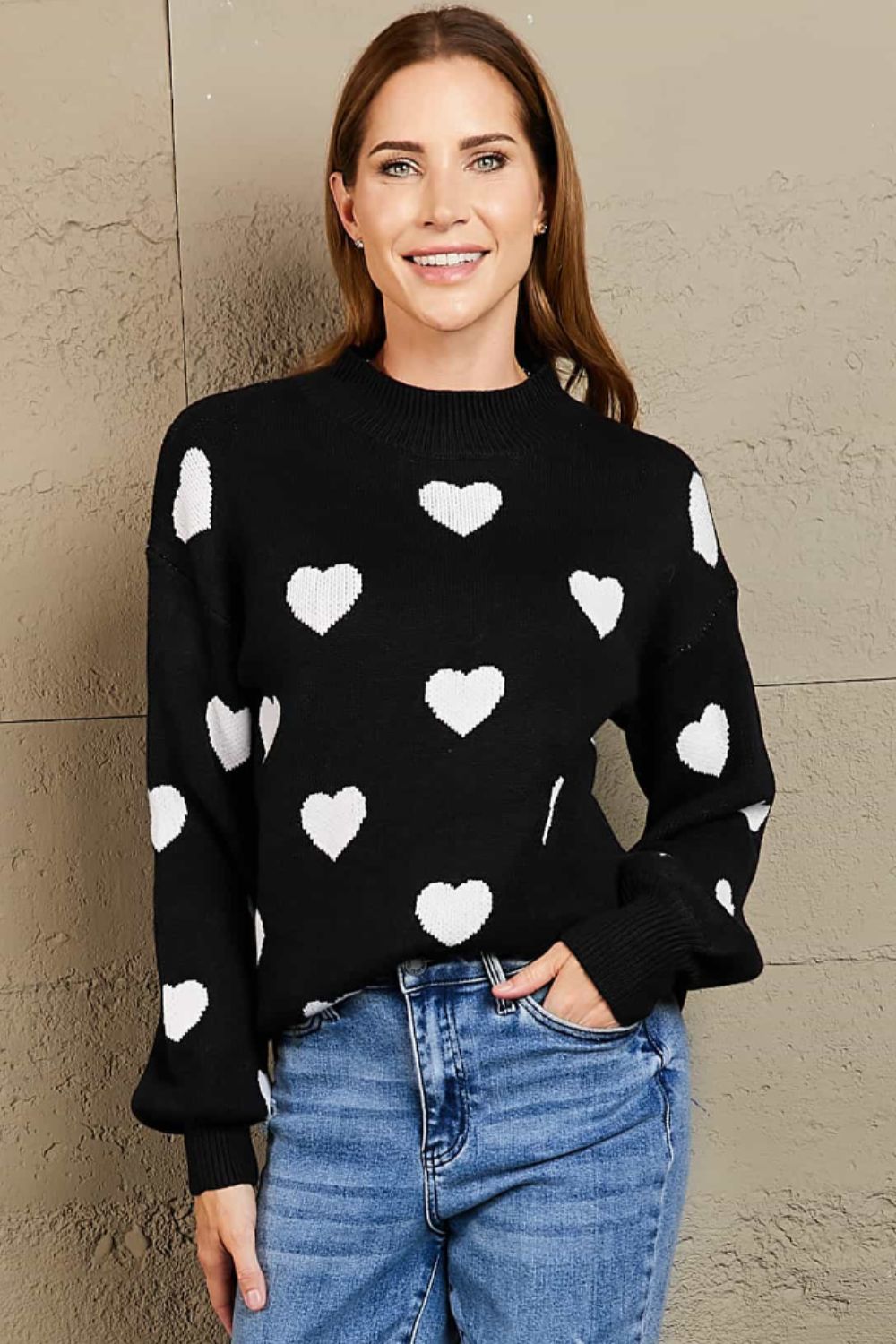 Woven Right Heart Pattern Lantern Sleeve Round Neck Tunic Sweater - The Boutie Shop