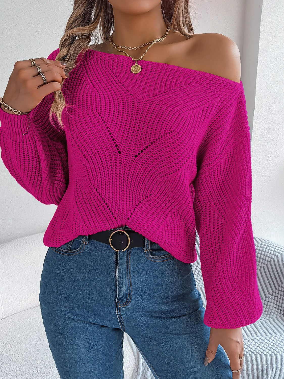 Openwork Long Sleeve Sweater - The Boutie Shop