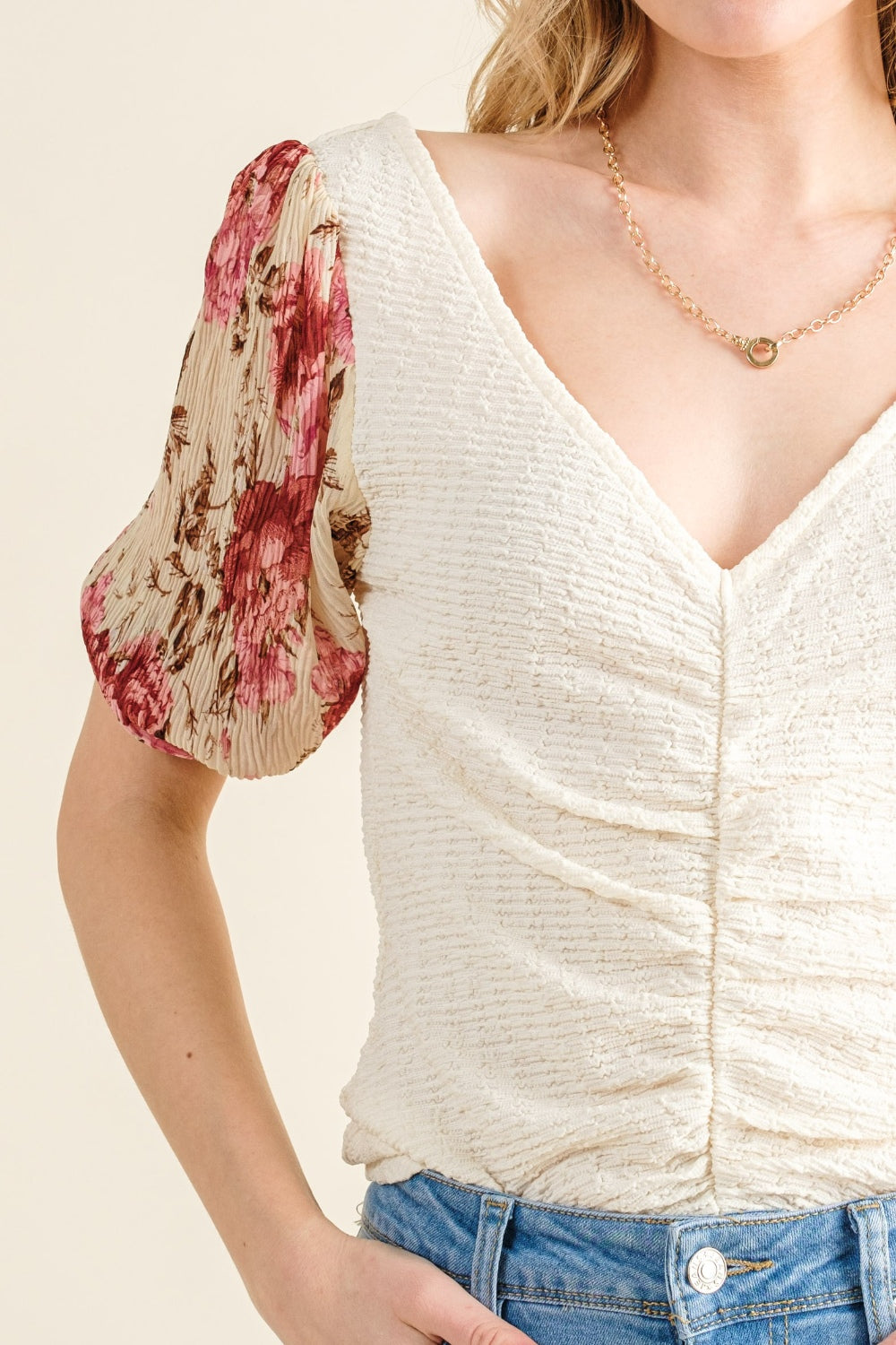 And The Why Full Size Floral Print Textured Sleeve Knit Top - The Boutie Shop