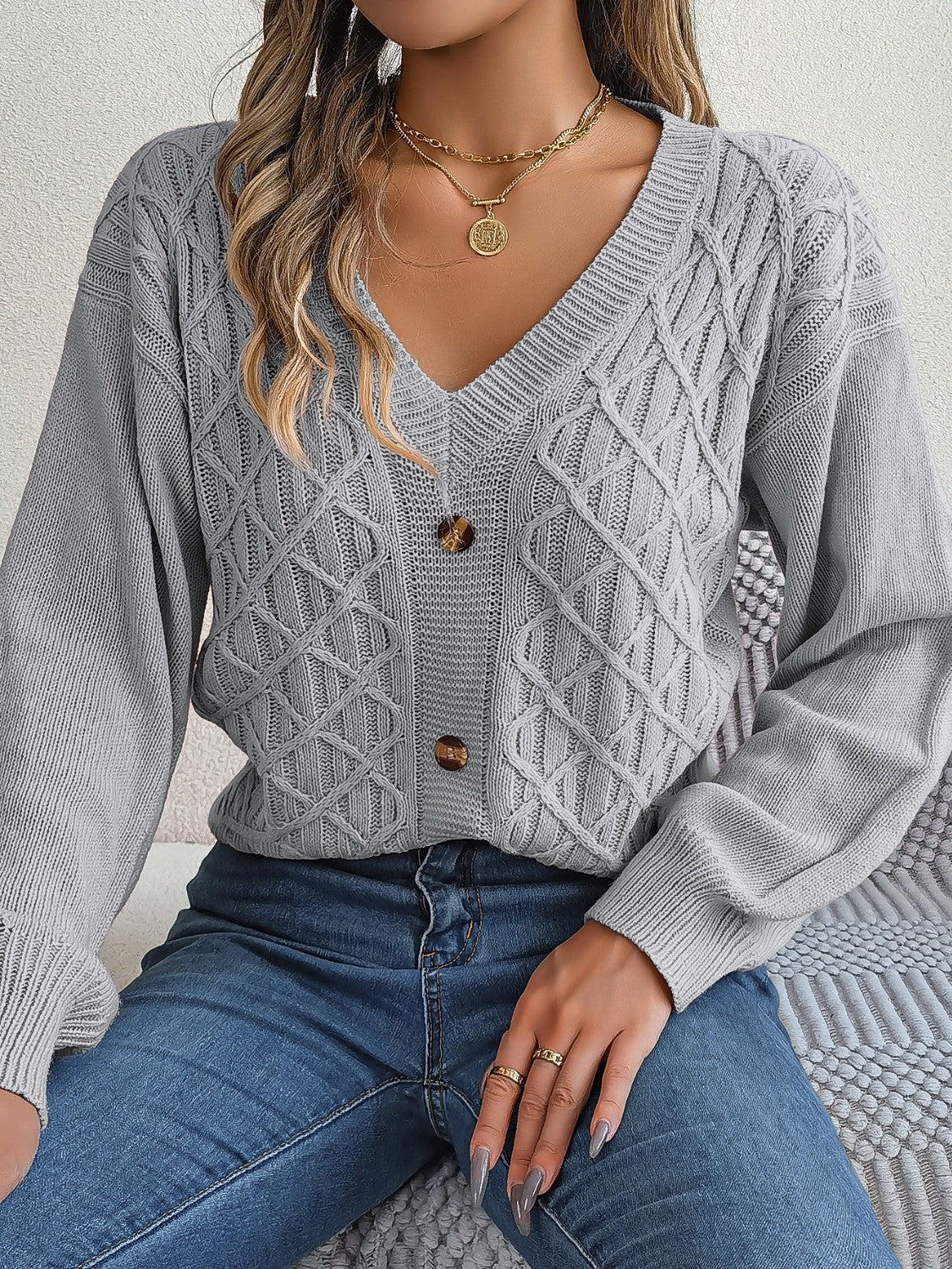 Cable-Knit V-Neck Lantern Sleeve Sweater - The Boutie Shop