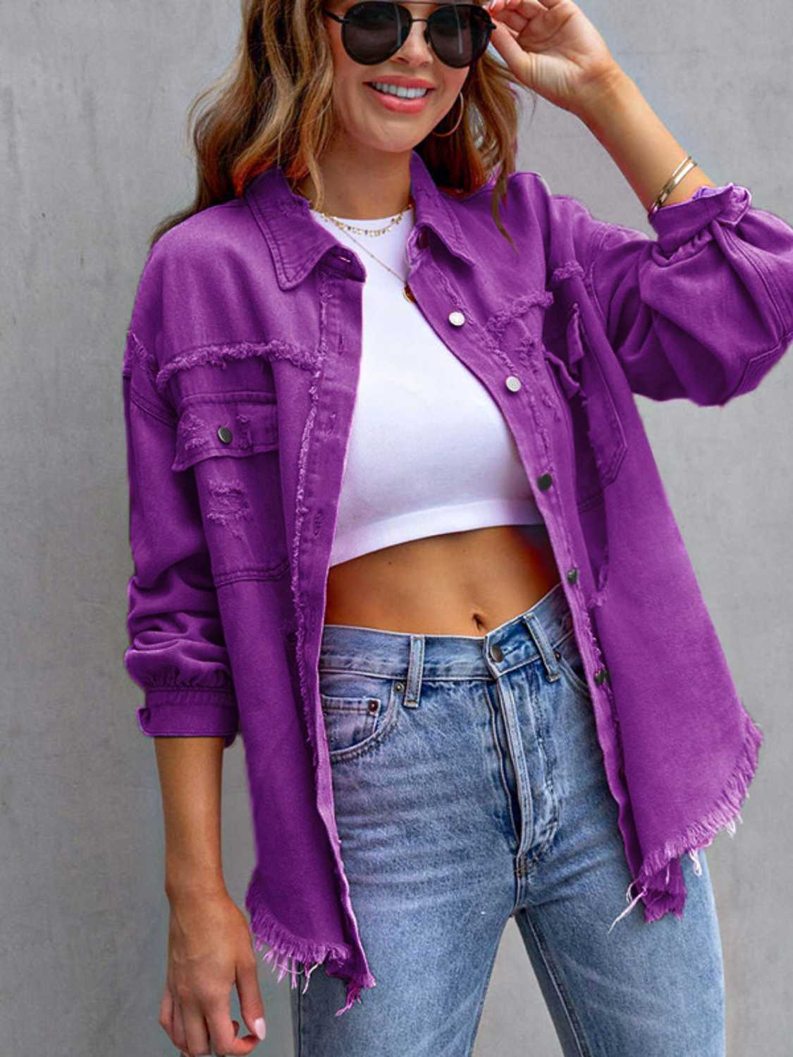 Distressed Drop Shoulder Denim Jacket - The Boutie Shop