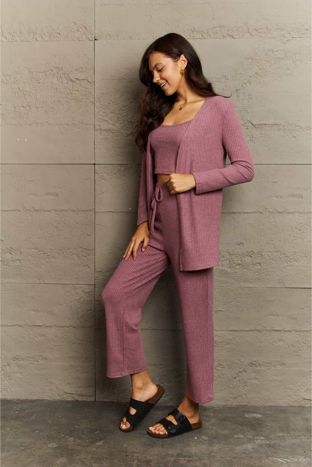 Ninexis Full Size Cropped Top, Long Pants and Cardigan Lounge Set - The Boutie Shop