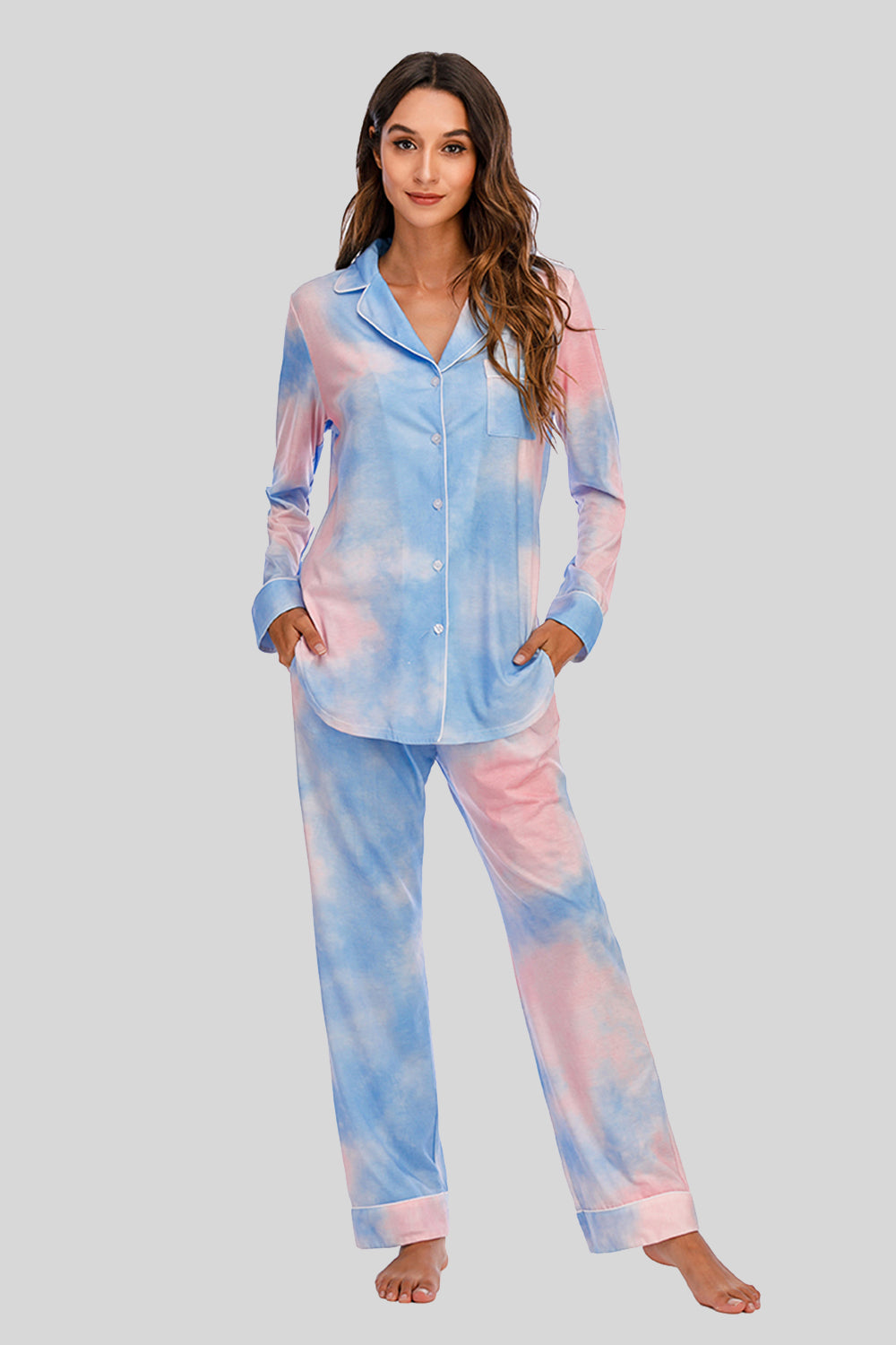 Collared Neck Long Sleeve Loungewear Set with Pockets - The Boutie Shop