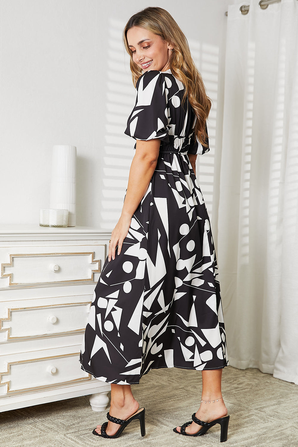 Printed Surplice Balloon Sleeve Dress - The Boutie Shop