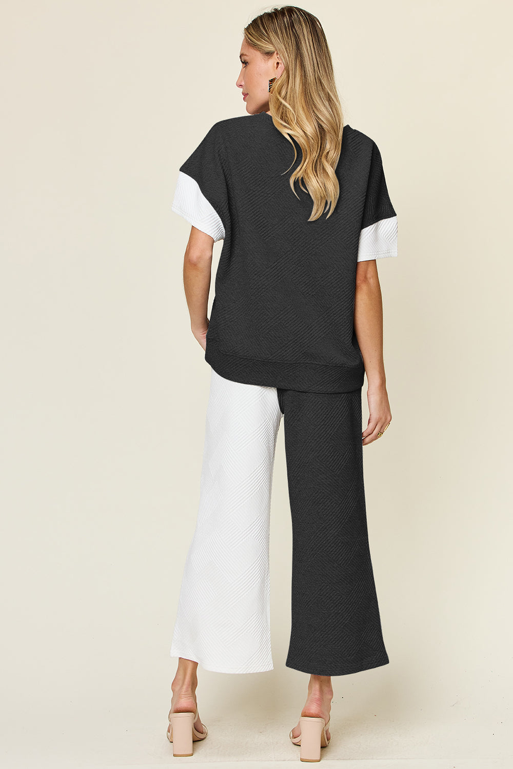 Double Take Full Size Texture Contrast T-Shirt and Wide Leg Pants Set - The Boutie Shop