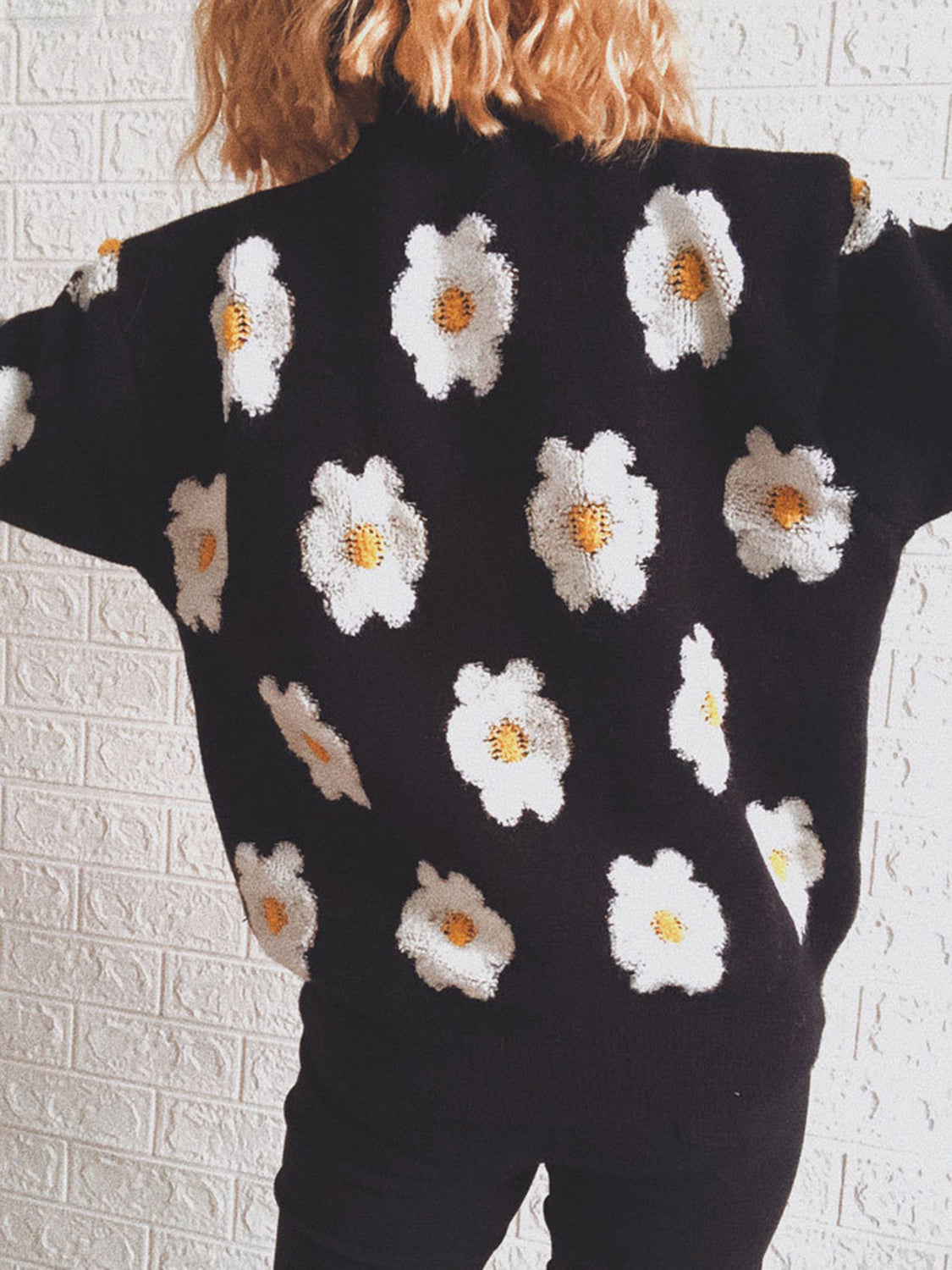 Flower Round Neck Long Sleeve Sweater - The Boutie Shop