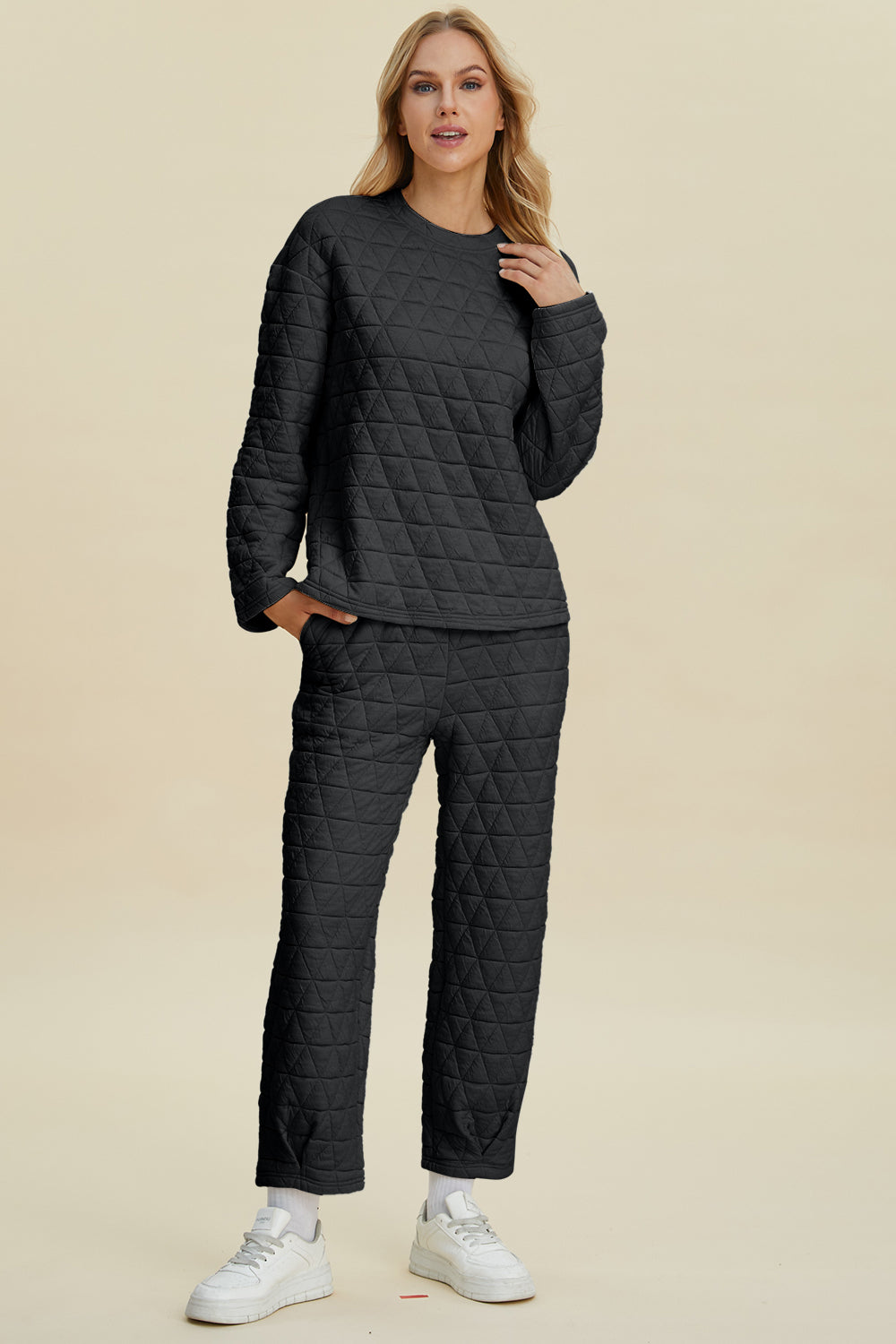 Double Take Full Size Texture Round Neck Long Sleeve Top and Pants Set - The Boutie Shop