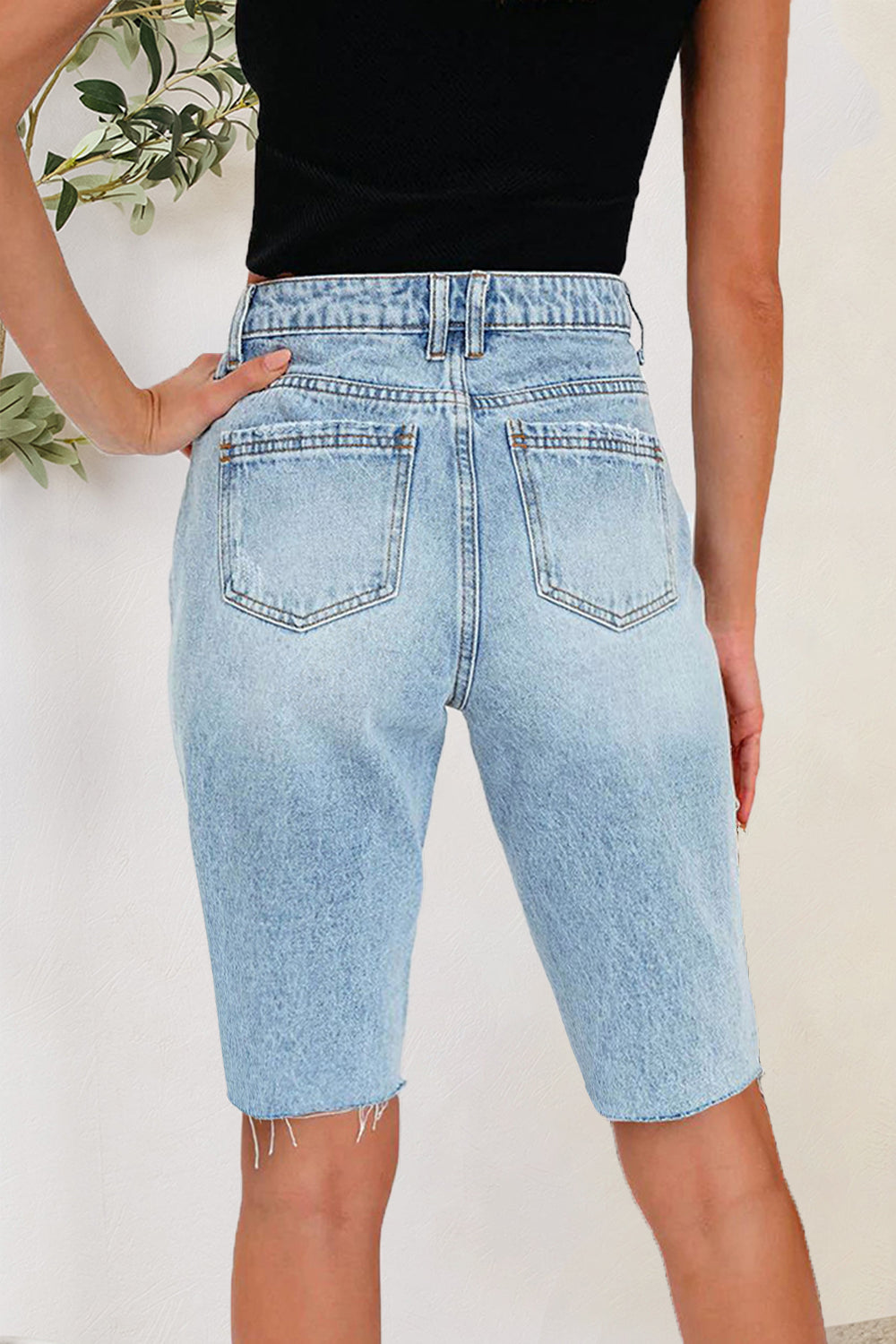 Distressed Pocketed Denim Shorts - The Boutie Shop