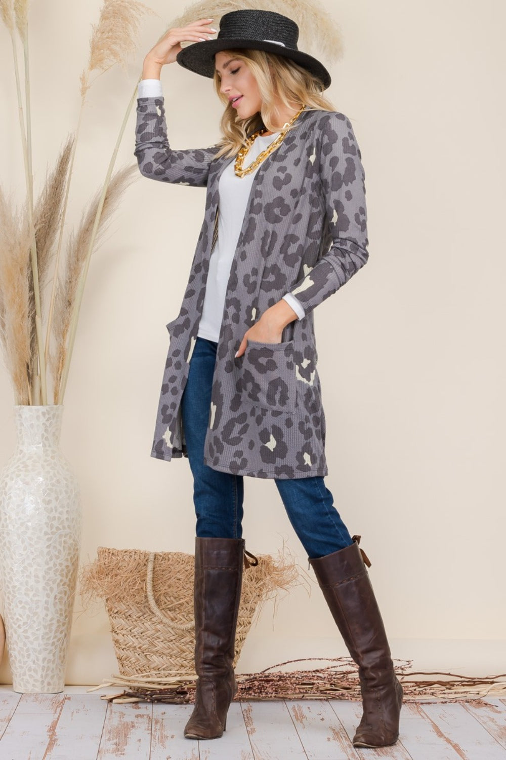 Celeste Full Size Leopard Open Front Contrast Cardigan - The Boutie Shop