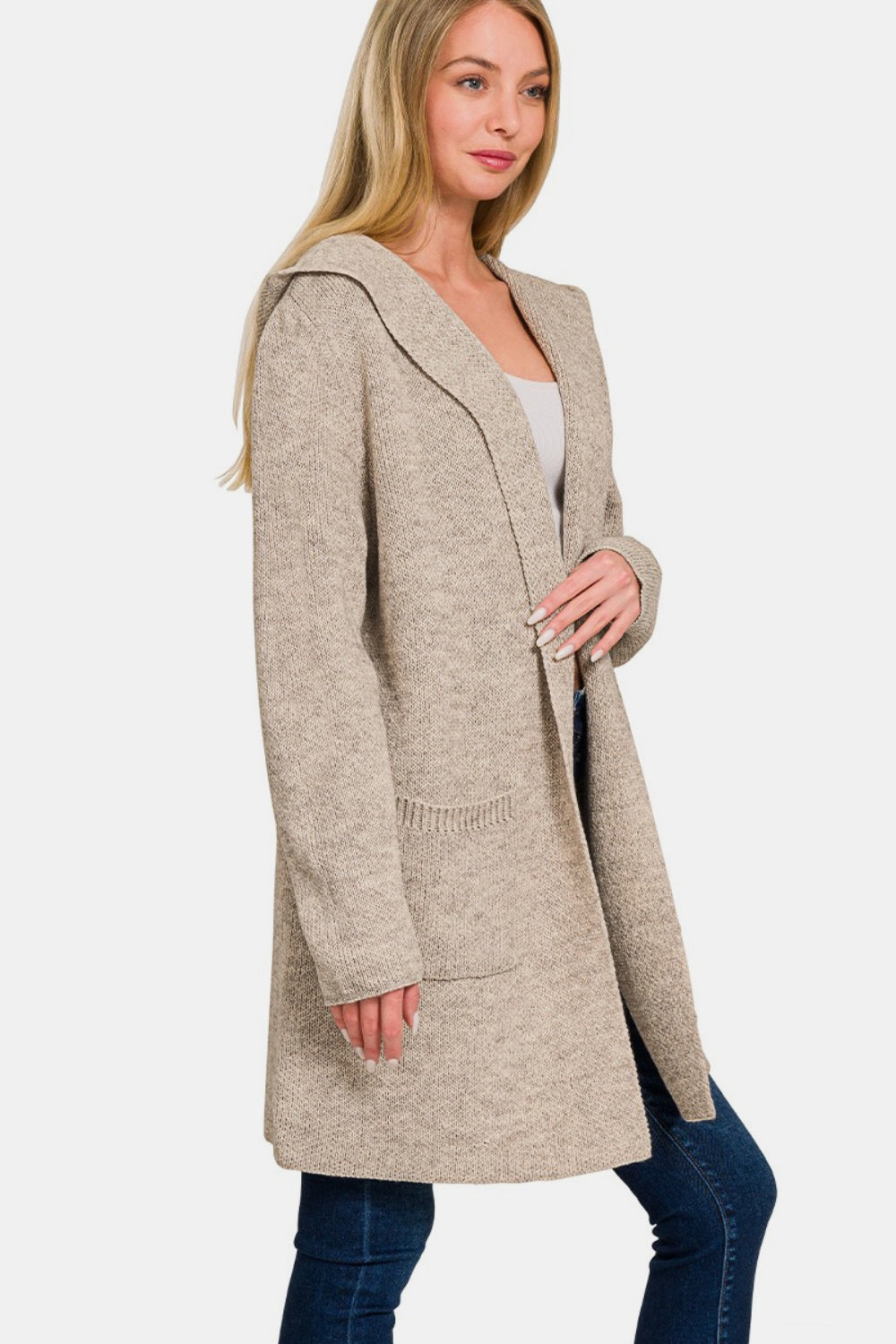 Zenana Hooded Open Front Sweater Cardigan - The Boutie Shop