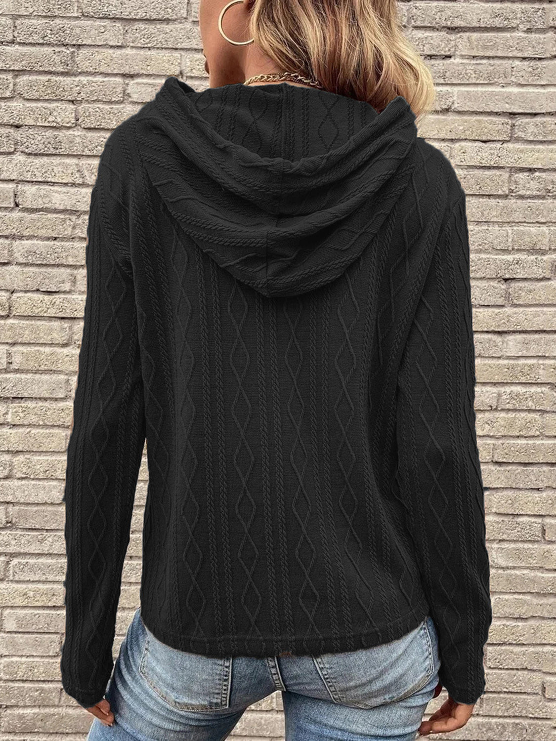 Cable-Knit Drawstring Hooded Knit Top - The Boutie Shop