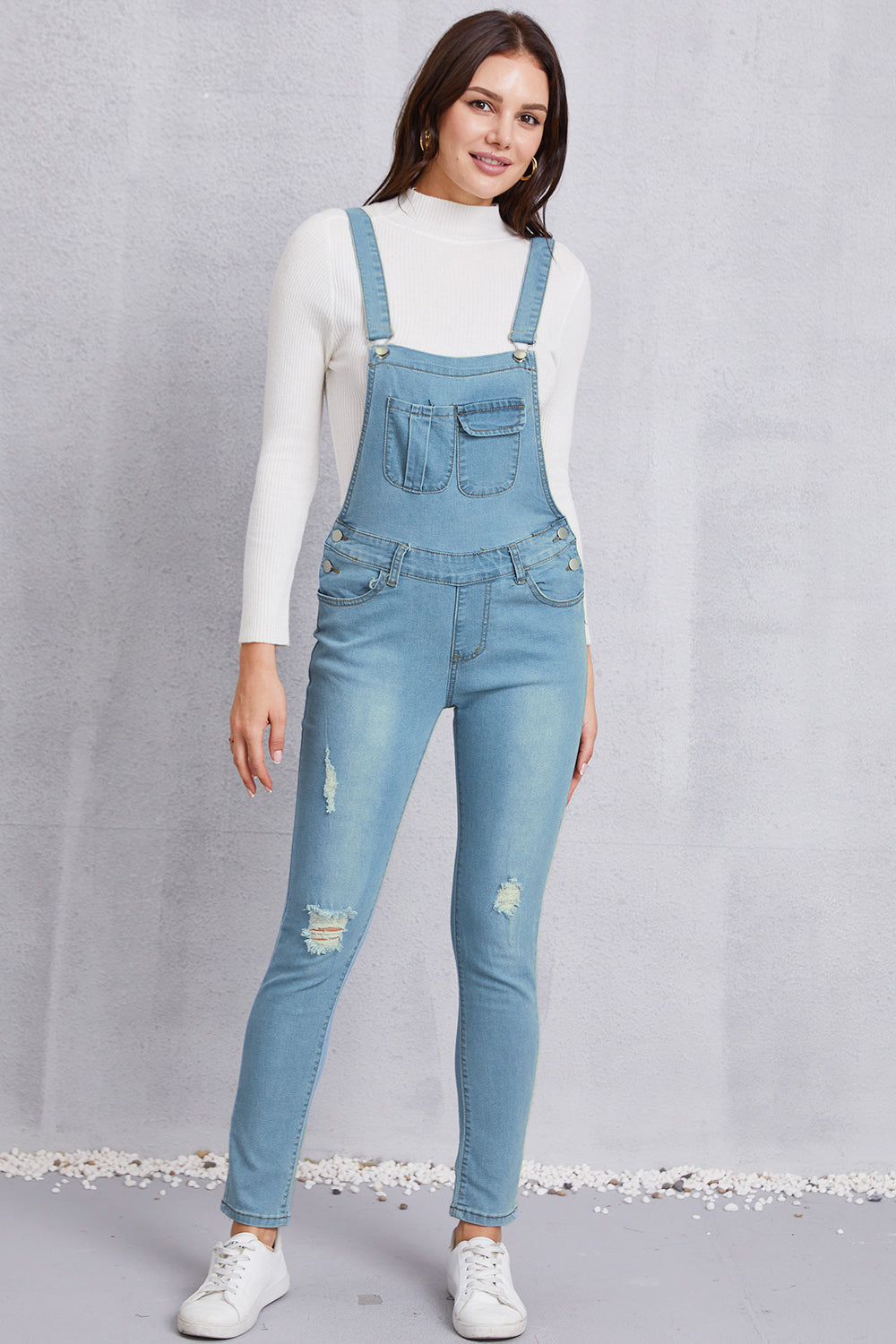 Distressed Washed Denim Overalls with Pockets - The Boutie Shop