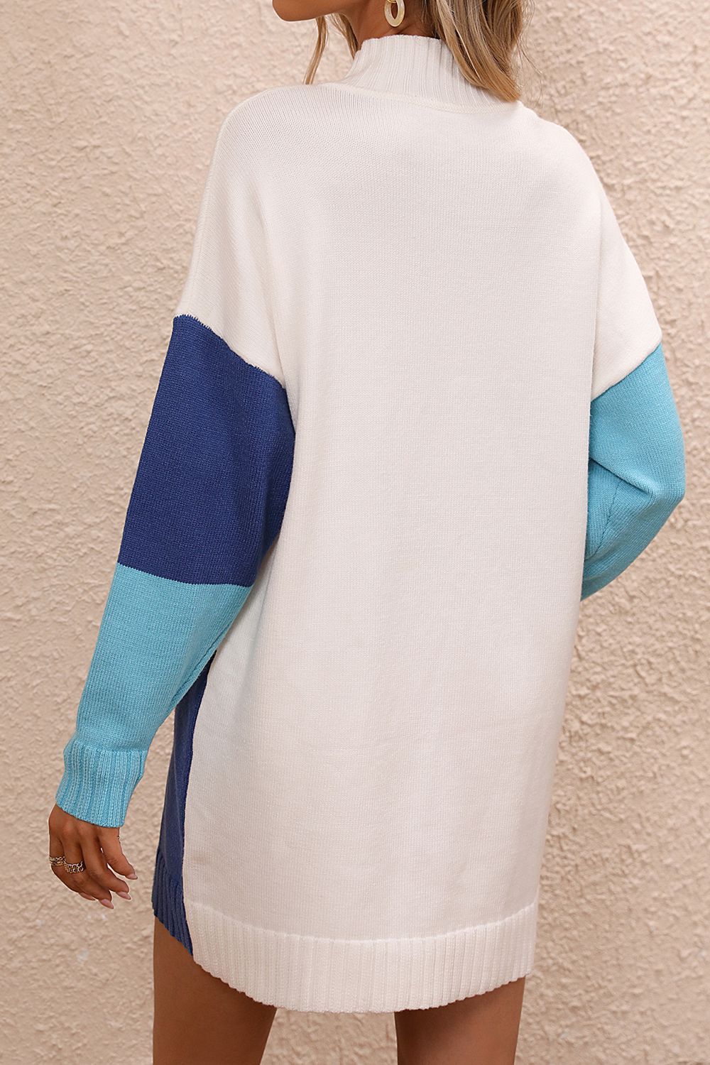 Color Block Mock Neck Dropped Shoulder Sweater Dress - The Boutie Shop