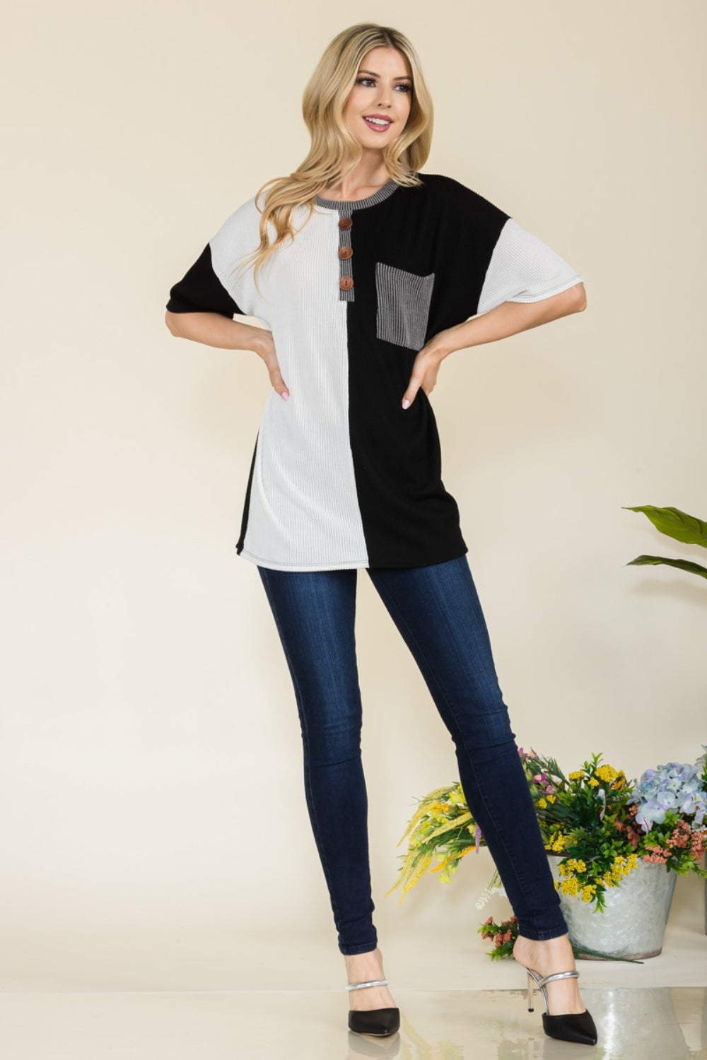 Celeste Full Size Ribbed Color Block Short Sleeve T-Shirt - The Boutie Shop