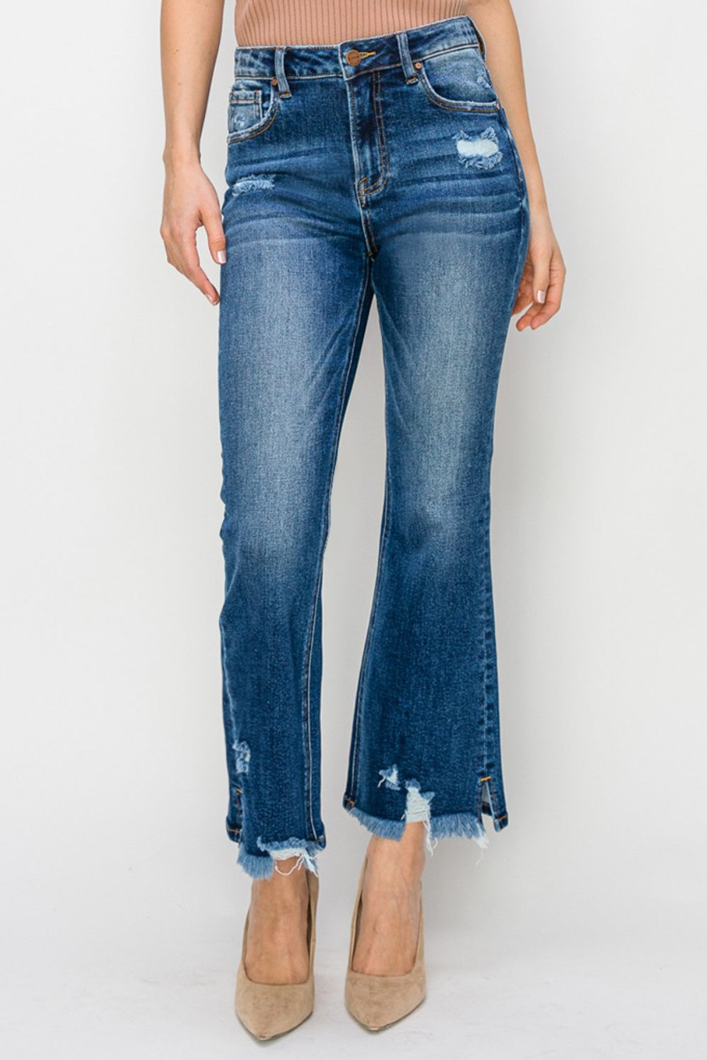 RISEN High Waist Raw Hem Flare Jeans - The Boutie Shop