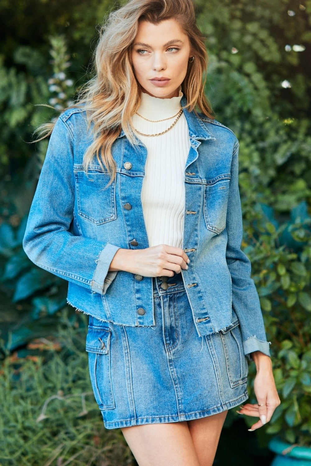 Veveret Button Up Raw Hem Denim Jacket - The Boutie Shop