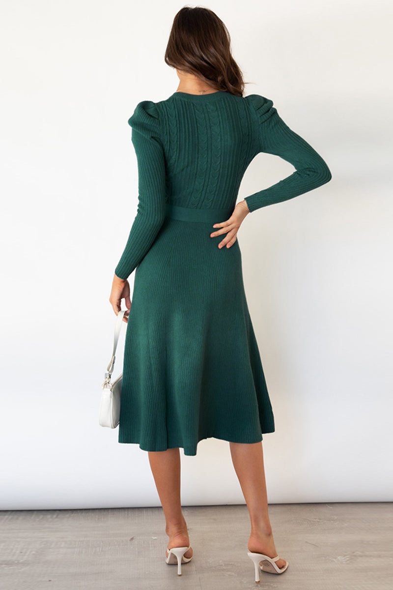 Round Neck Long Sleeve Tie Waist Sweater Dress - The Boutie Shop