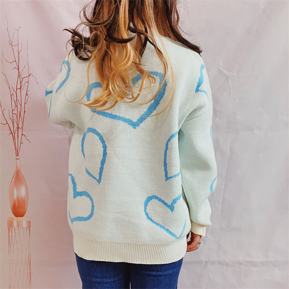 Heart Pattern Long Sleeve Sweater - The Boutie Shop