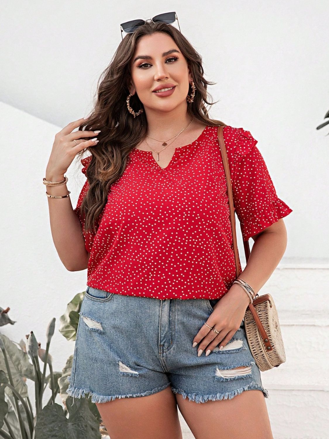 Plus Size Polka Dot Notched Flounce Sleeve Blouse - The Boutie Shop