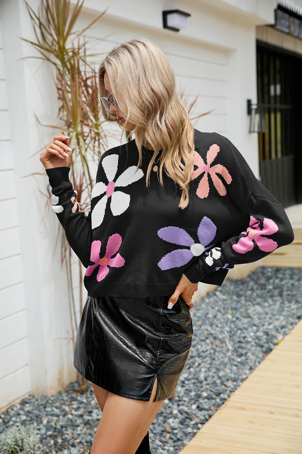 Flower Round Neck Drop Shoulder Sweater - The Boutie Shop