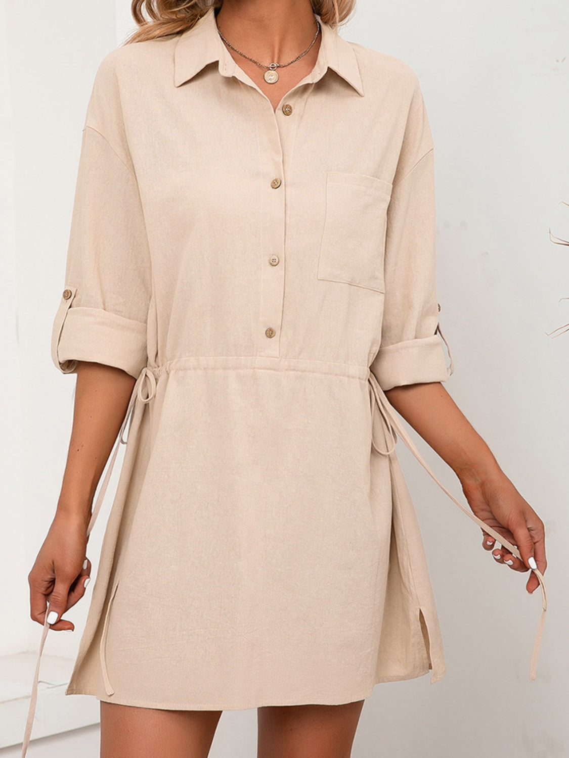 Ivy Lane Drawstring Half Button Roll-Tab Sleeve Dress - The Boutie Shop