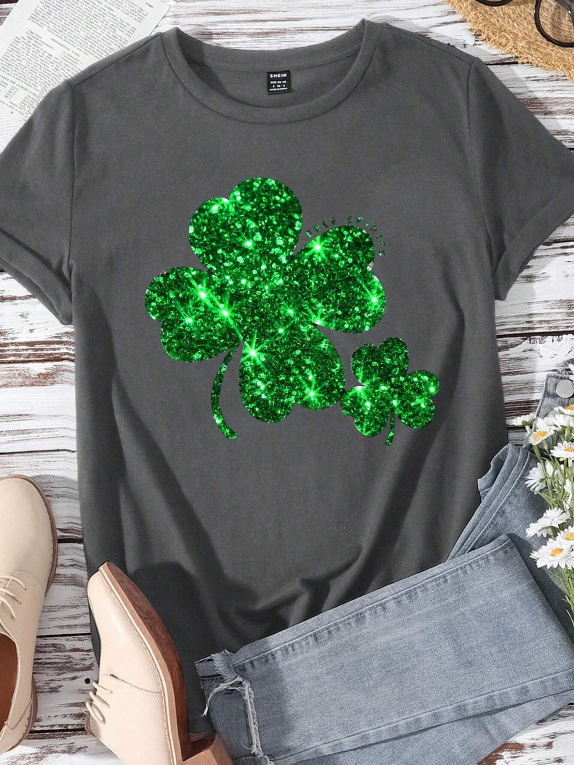 Lucky Clover Round Neck Short Sleeve T-Shirt - The Boutie Shop